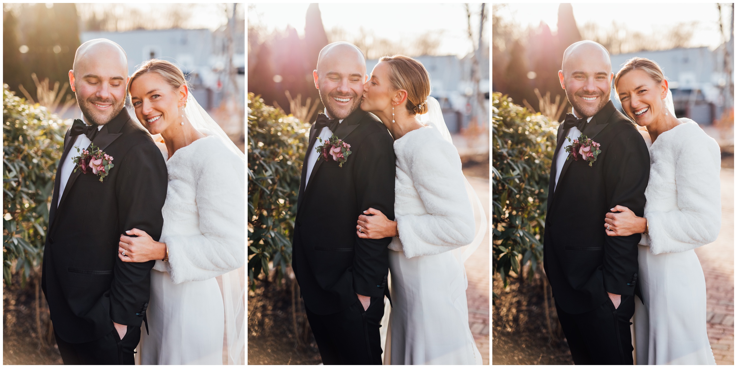 Bride and groom portrait outside Red Lion Inn in Cohasset MA winter wedding